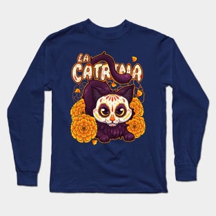 black furry cute cat with catrina skull mask and flowers Long Sleeve T-Shirt